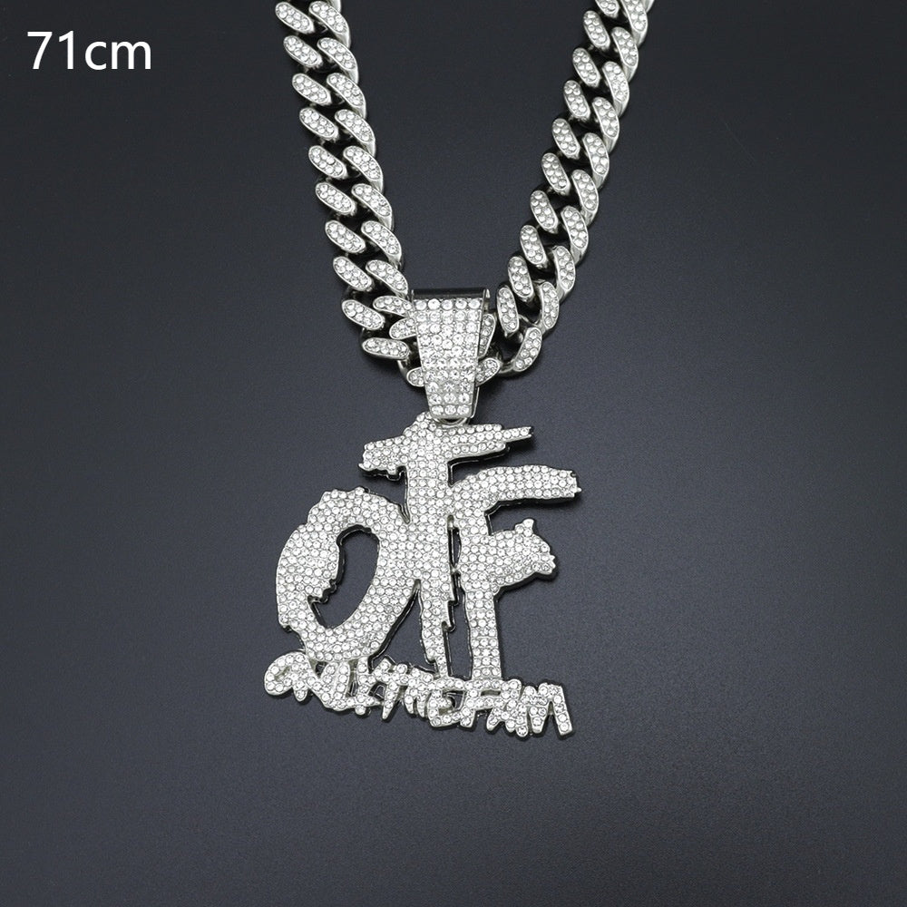 Domineering Cool Trendy Patchwork Letter Pendant Necklace Diamond-embedded Trendy Shiny OTF Pendant Cuban Necklace