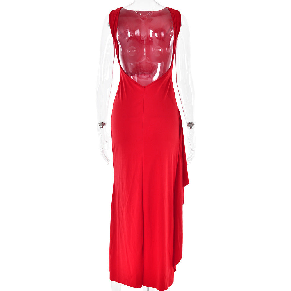 Simplicity Intellectual Sleeveless Flounce High Slit Design Backless Tight Dress