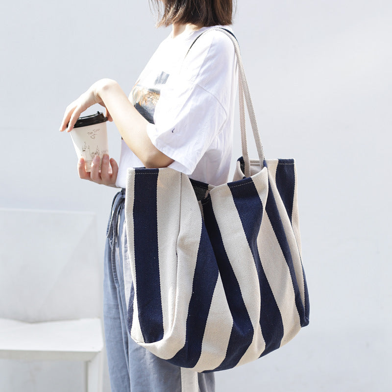 Casual, shopping, beach tote bag (Wide Stripe Blue) - Lena