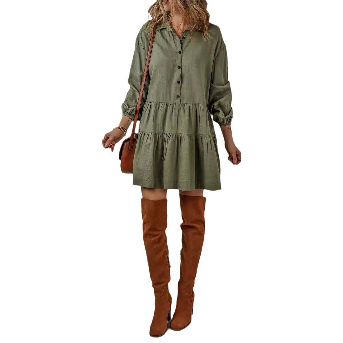 Solid Color Fashion Long Sleeve Stitching Dress Women