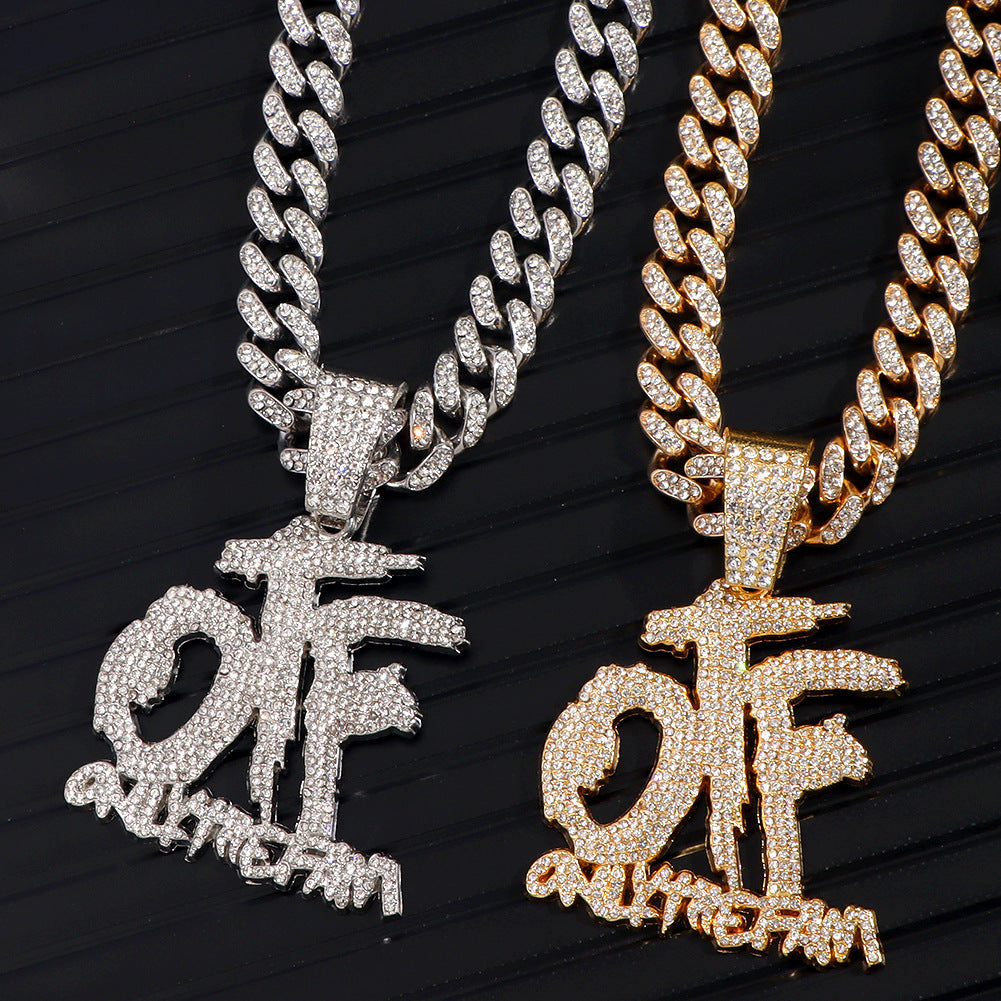Domineering Cool Trendy Patchwork Letter Pendant Necklace Diamond-embedded Trendy Shiny OTF Pendant Cuban Necklace