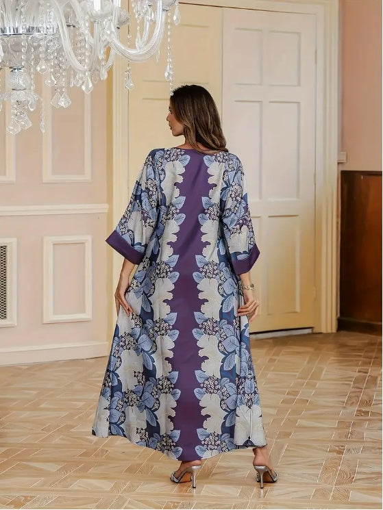 Elegant Floral Print Long Sleeve Abaya Dress