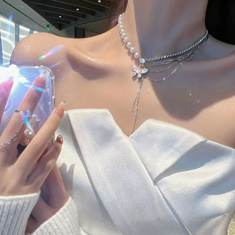 Pearl Necklace Zircon Butterfly Tassel Stitching Special-interest Design Light Luxury High-grade Clavicle Chain Fashion