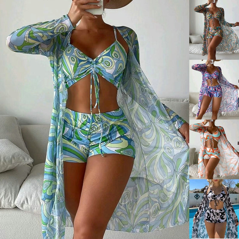 Swimsuit Female Split Three-piece Set High Waist Long Sleeve Smock Drawstring Suit - Lena