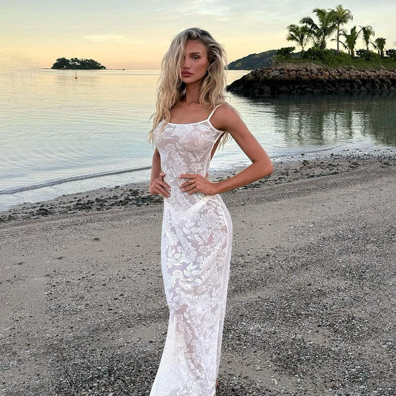 Bare Back Lace-up Slip Sleeveless Micro-transparent Lace Socialite Dress