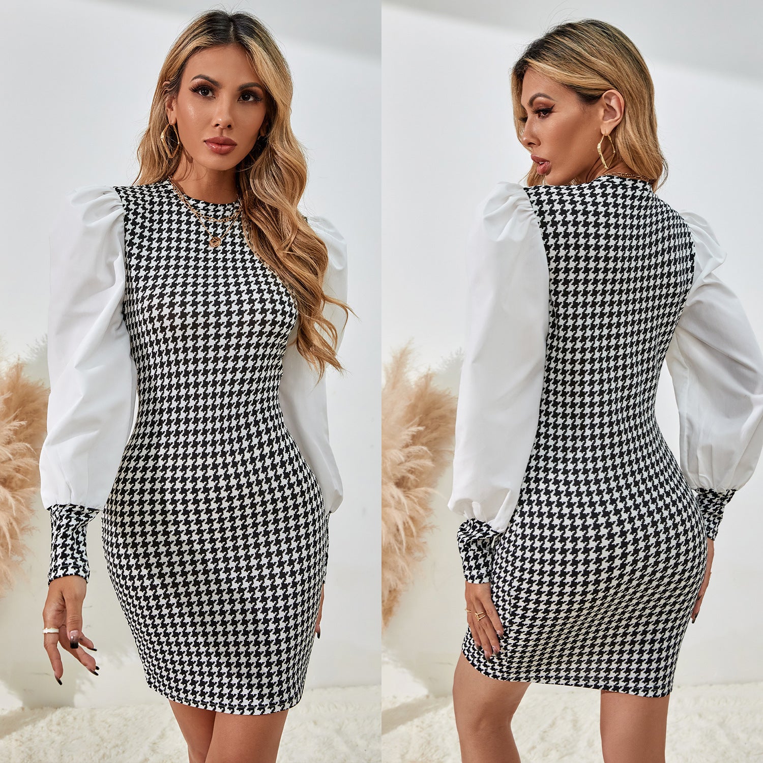 Ladies Elegant Plaid Round Neck Long Sleeve Dress