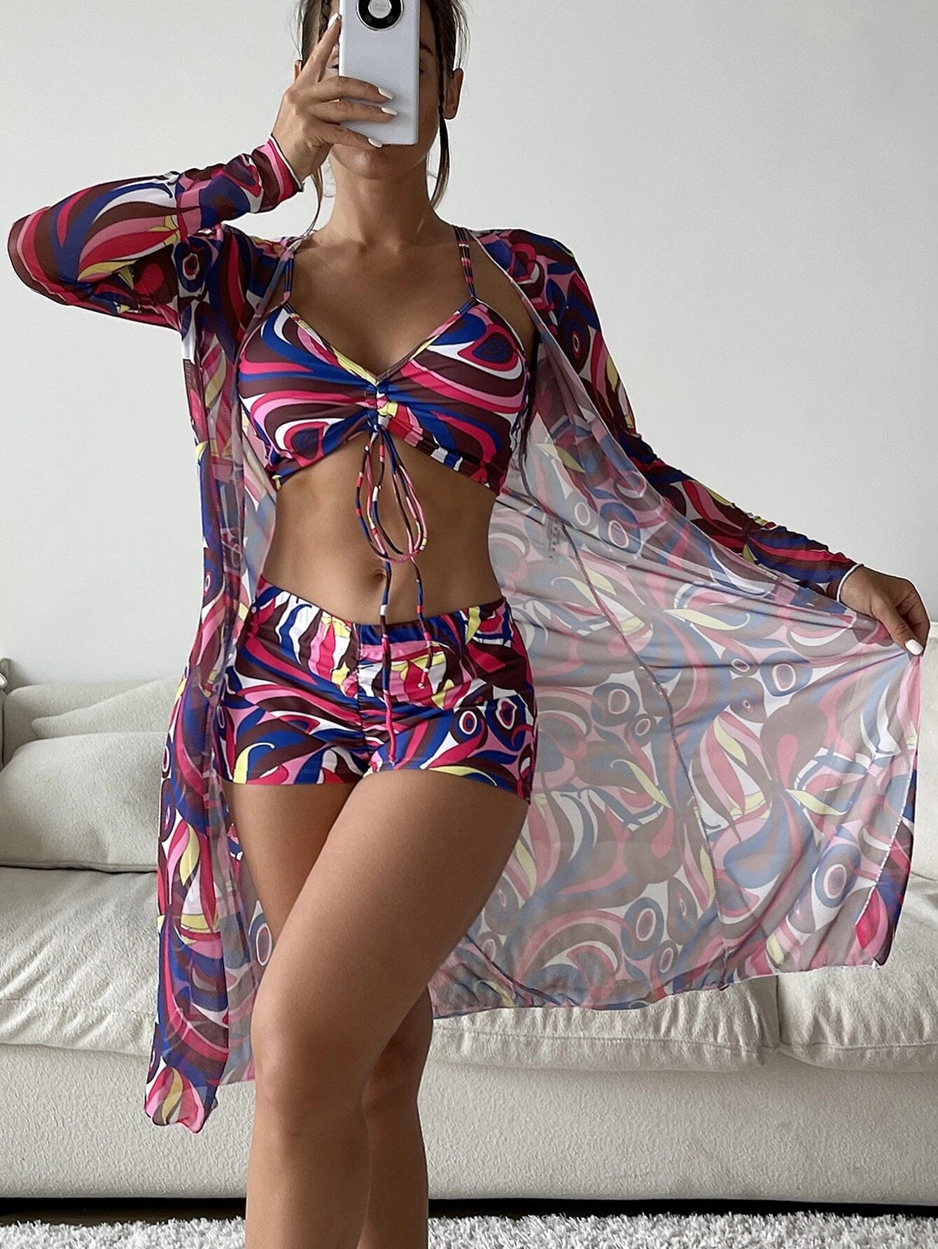 Swimsuit Female Split Three-piece Set High Waist Long Sleeve Smock Drawstring Suit - Lena