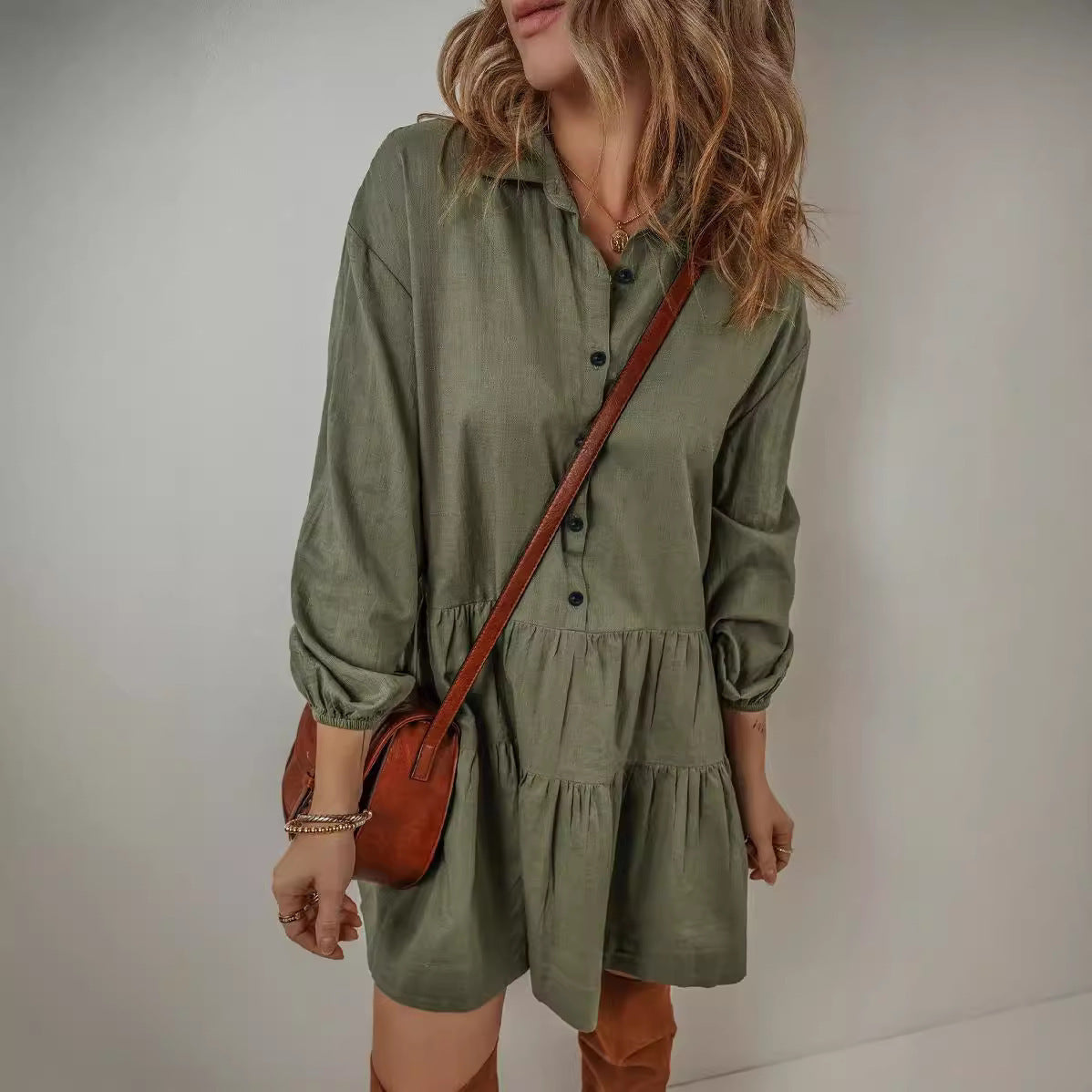 Solid Color Fashion Long Sleeve Stitching Dress Women