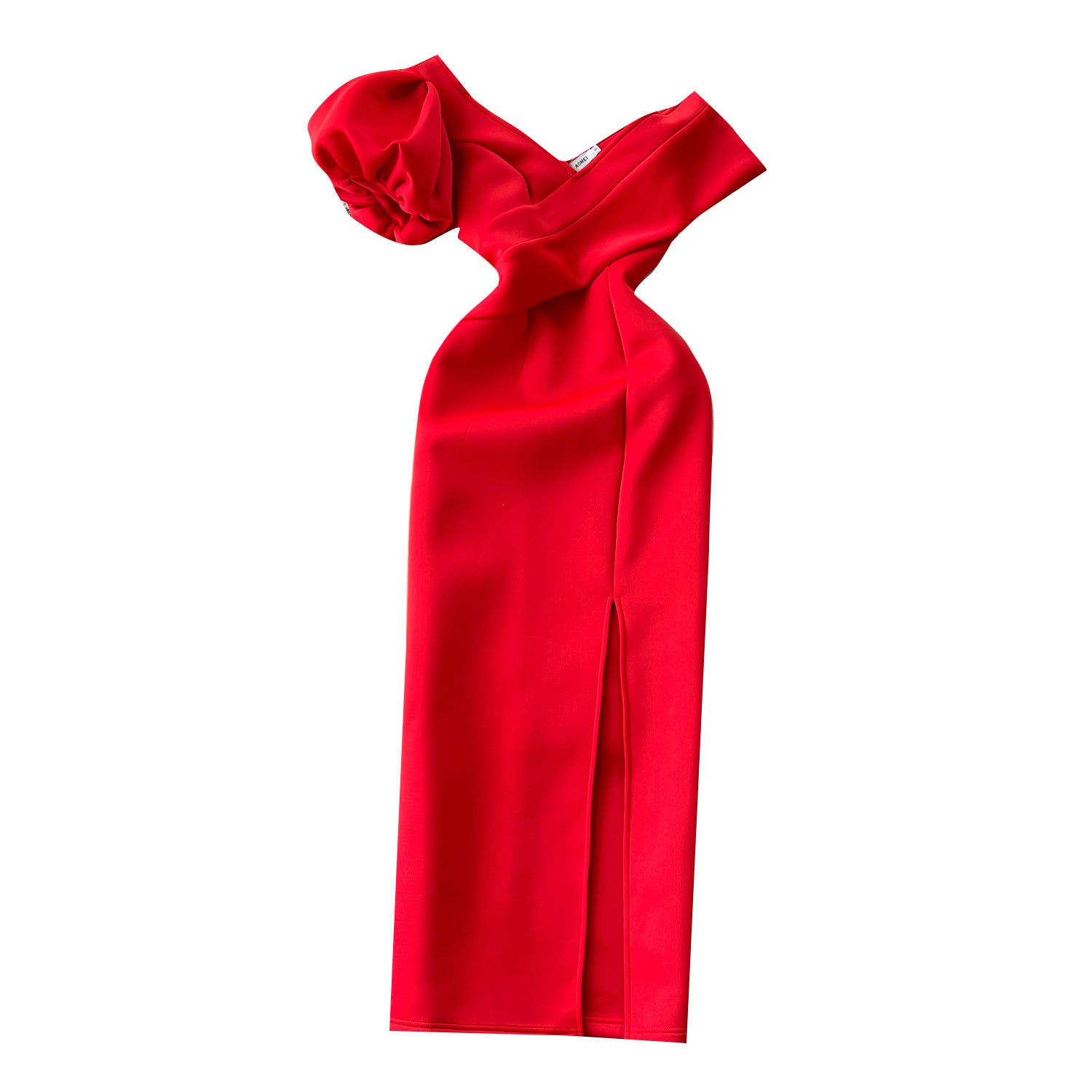 French Style Slanted Neck Bubble Sleeve High Waisted Dress