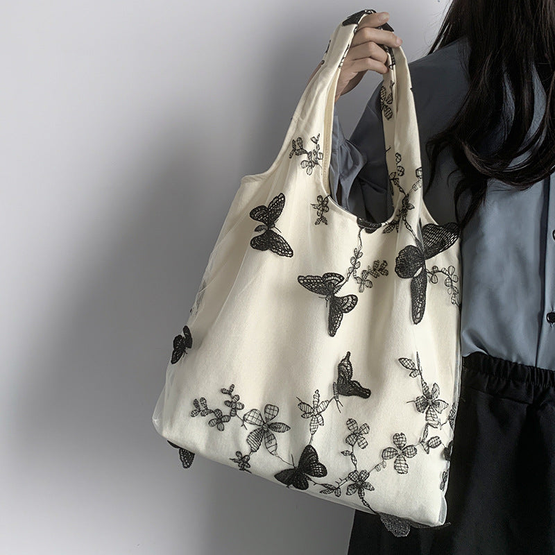 Embroidered Black Butterfly Canvas Bag Lace Women's Artistic