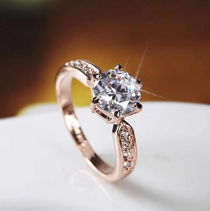 Temperament luxury simulation diamond ring wedding opening copper plated silver ring female Korean version of zircon single drill live ring