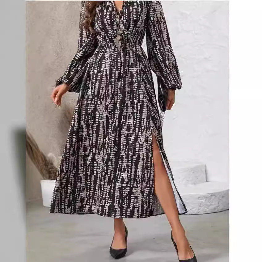 V-neck Long Sleeve Tie-dye Dress