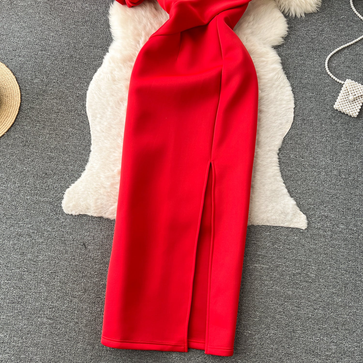 French Style Slanted Neck Bubble Sleeve High Waisted Dress