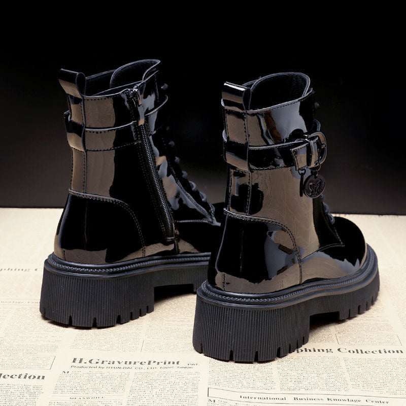 Block-heeled Mid-tube Patent Leather Boots