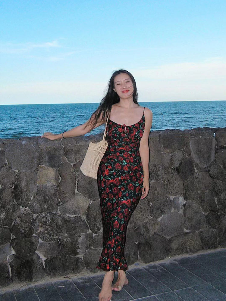 Rose Floral Suspender Dress Retro Fishtail