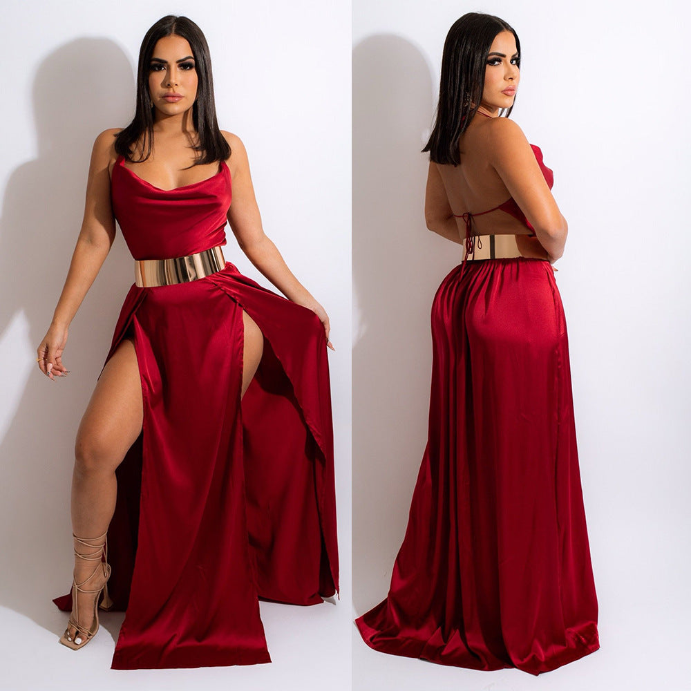 Sling Backless Swing Collar Split Dress Women