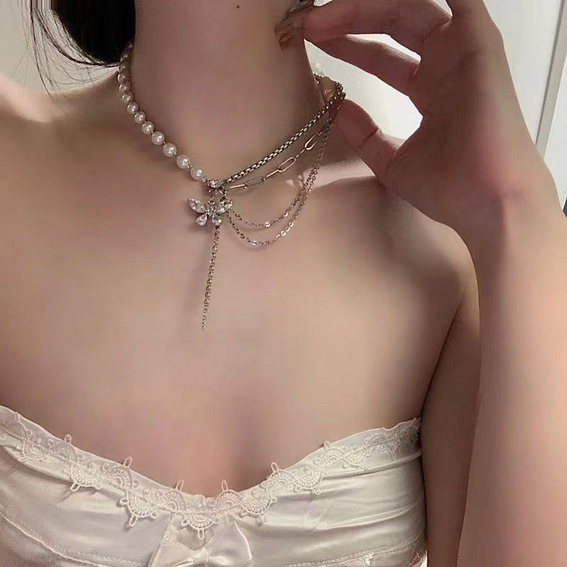 Pearl Necklace Zircon Butterfly Tassel Stitching Special-interest Design Light Luxury High-grade Clavicle Chain Fashion