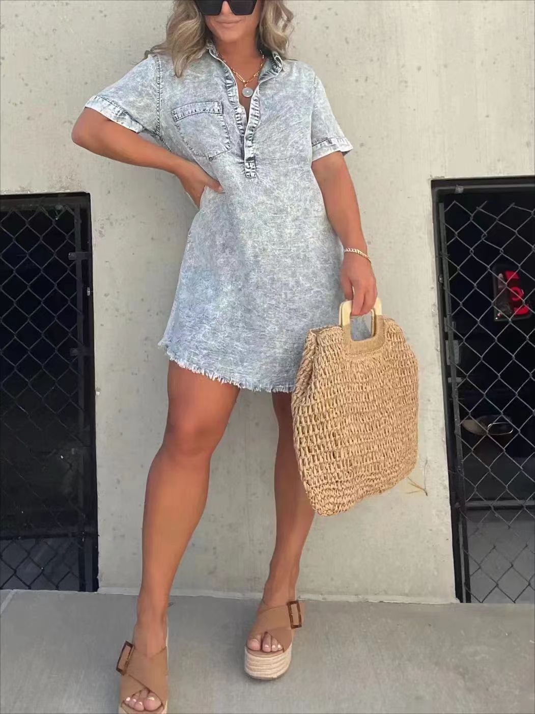 Casual Polo Collar Short Sleeve Denim Skirt Women's Retro Style Commuter Dress