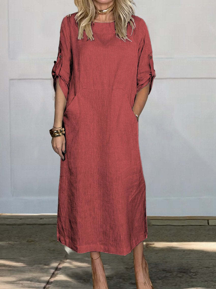 Women's Cotton And Linen Solid Color Casual Round-neck Long Dress