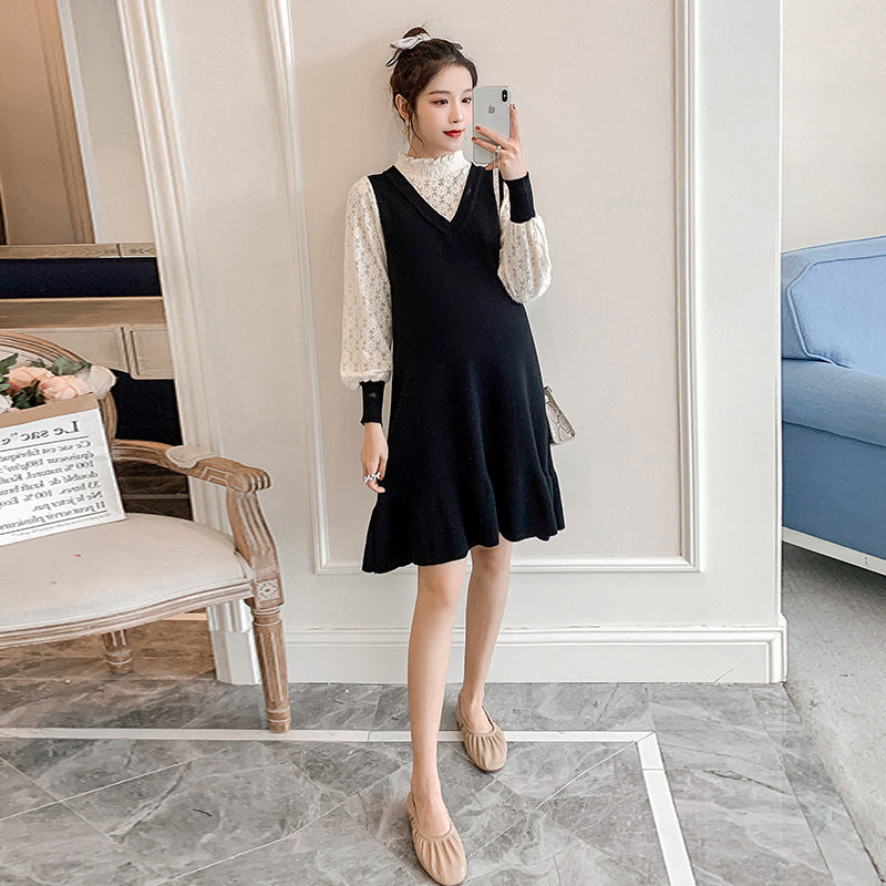 Spring And Autumn New Maternity Dress Fashion Knitted Stitching