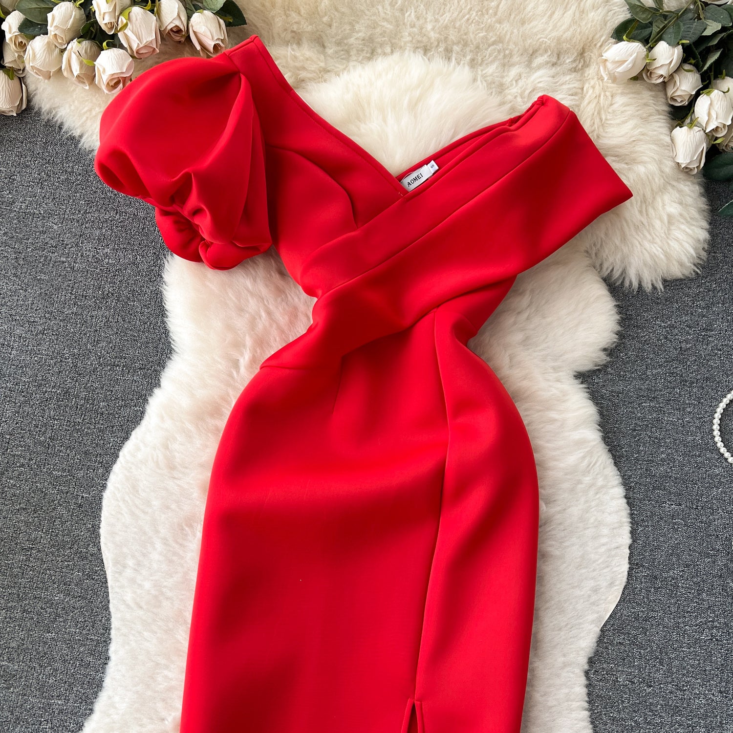 French Style Slanted Neck Bubble Sleeve High Waisted Dress