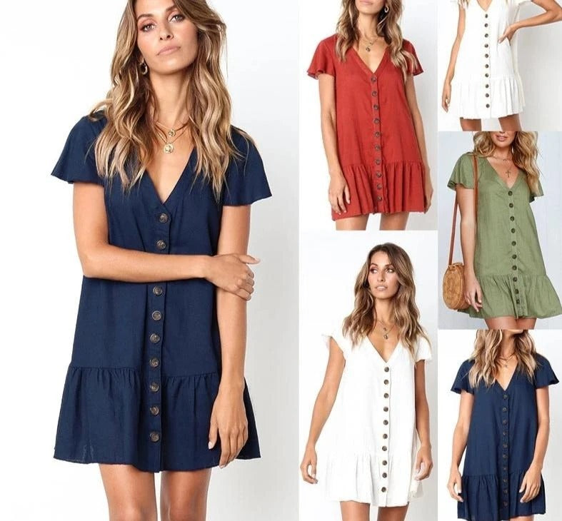 Buttoned short-sleeved pleated dress