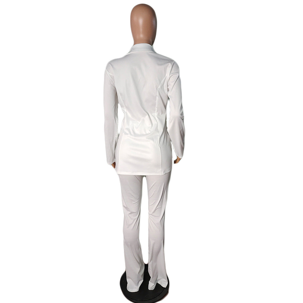 Solid Color Professional V Neck Fashion Women's Two Piece Set