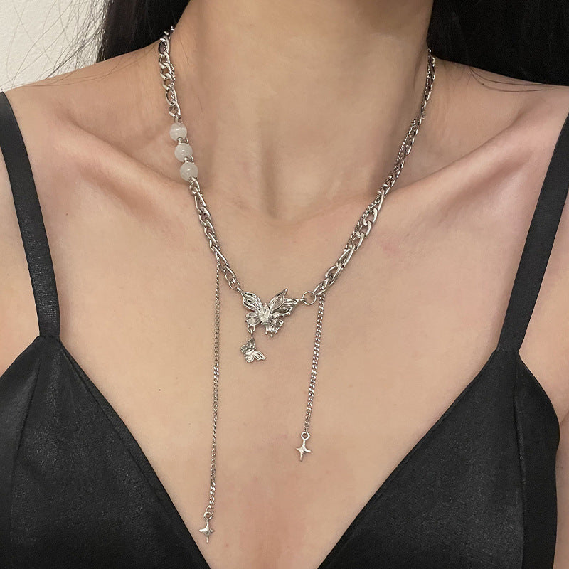 Opal Stitching Butterfly Tassel Necklace