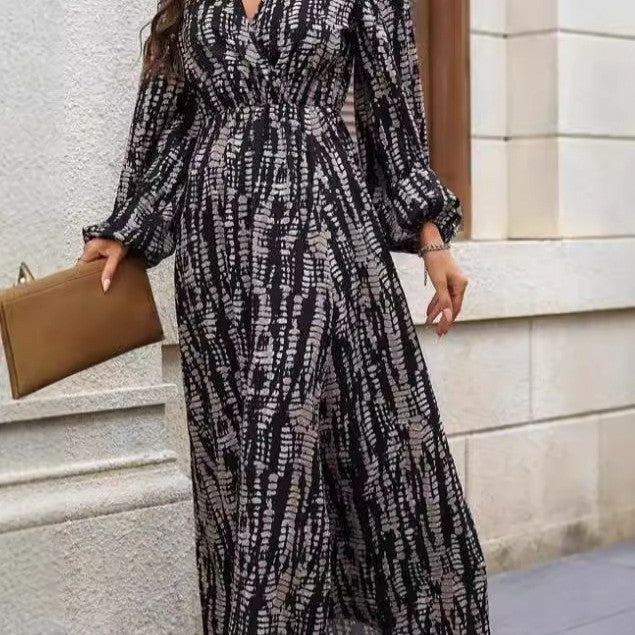 V-neck Long Sleeve Tie-dye Dress