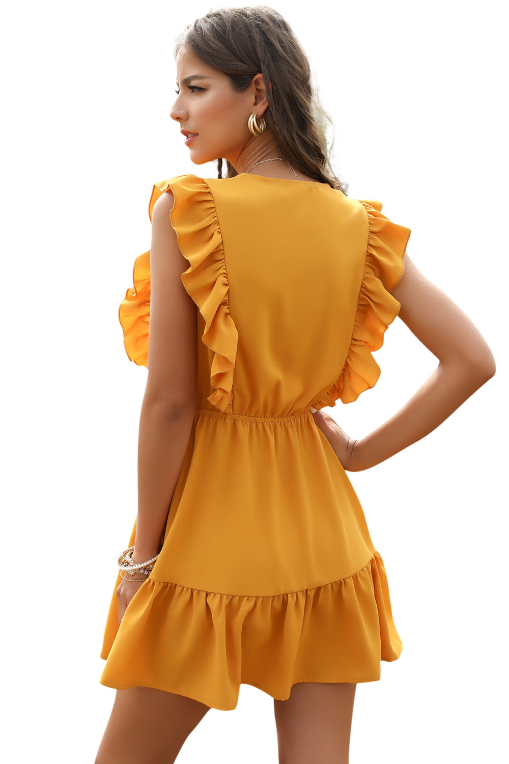 Yellow V-neck ruffled bubble lace dress