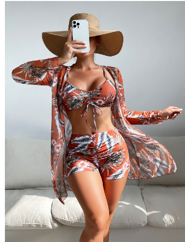 Swimsuit Female Split Three-piece Set High Waist Long Sleeve Smock Drawstring Suit - Lena