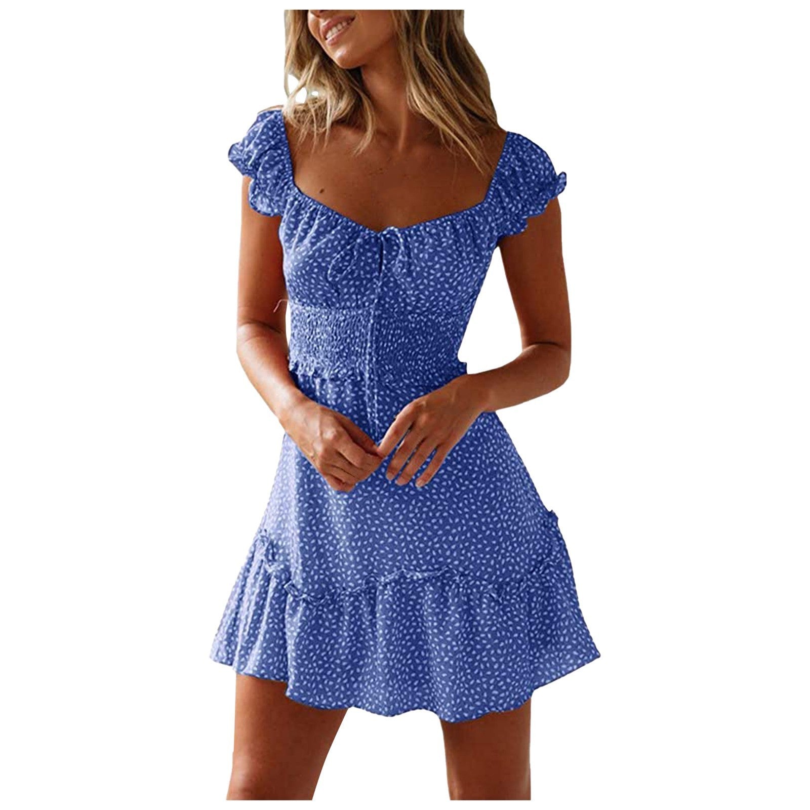 New Splicing Ruffled Floral Skirt Short-sleeved Printed U-Neck And High-Waisted Dress