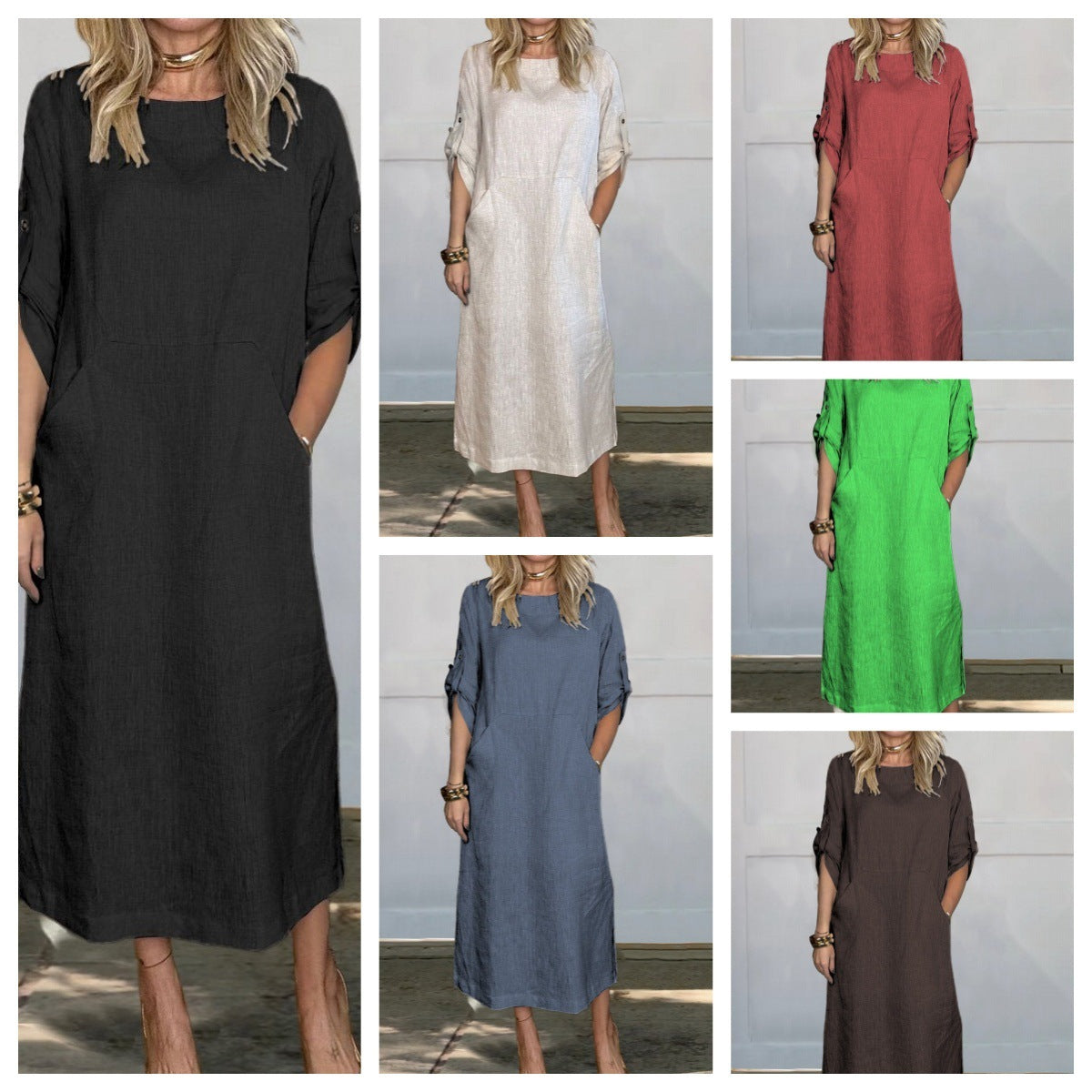 Women's Cotton And Linen Solid Color Casual Round-neck Long Dress