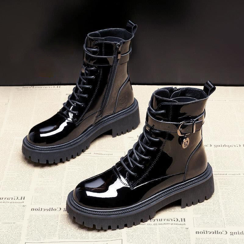 Block-heeled Mid-tube Patent Leather Boots