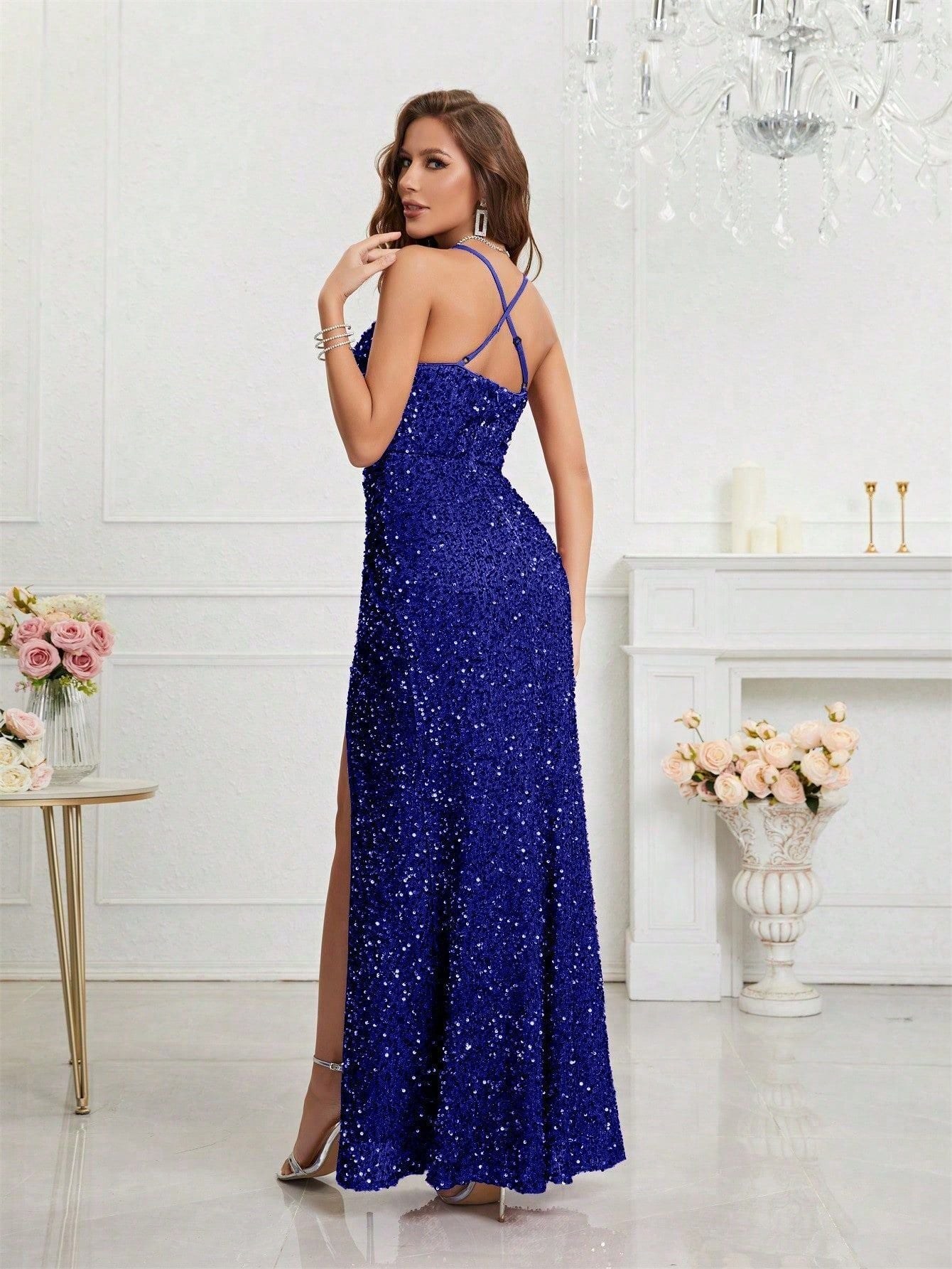 Banquet Temperament Slim Fit Daily V-neck Sequins Dress