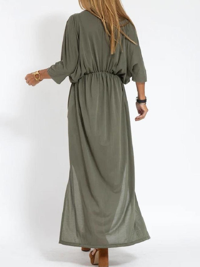 Solid Color High Waist Slit V-neck Dress