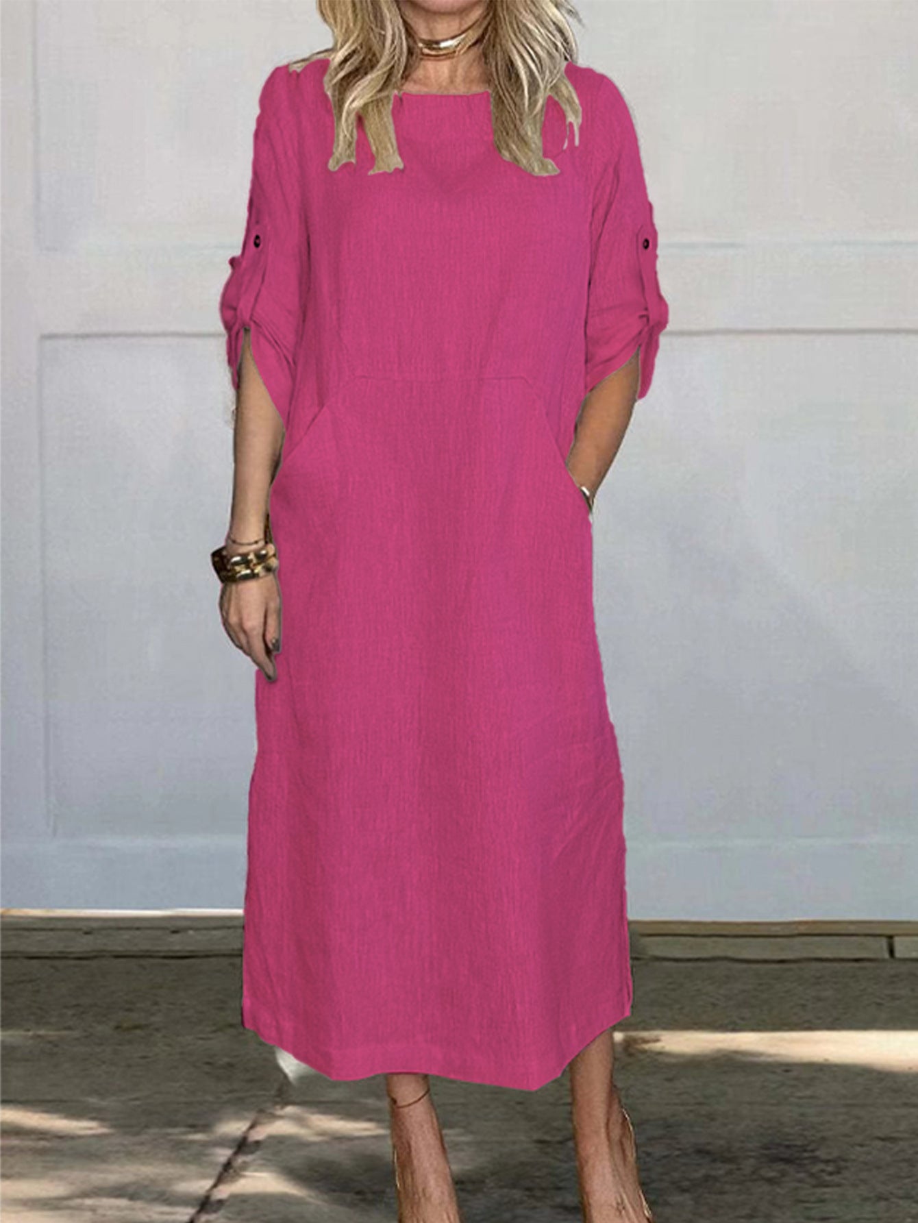 Women's Cotton And Linen Solid Color Casual Round-neck Long Dress