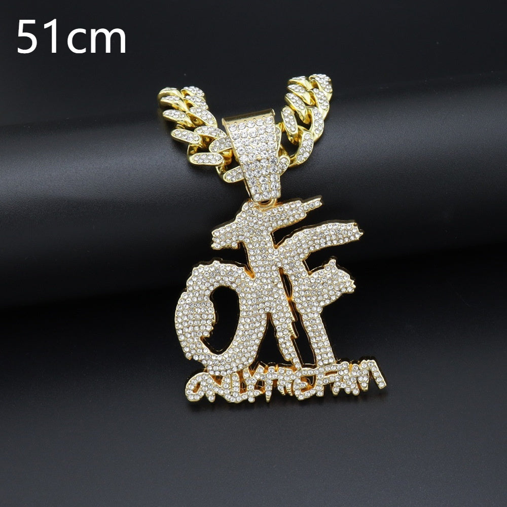 Domineering Cool Trendy Patchwork Letter Pendant Necklace Diamond-embedded Trendy Shiny OTF Pendant Cuban Necklace