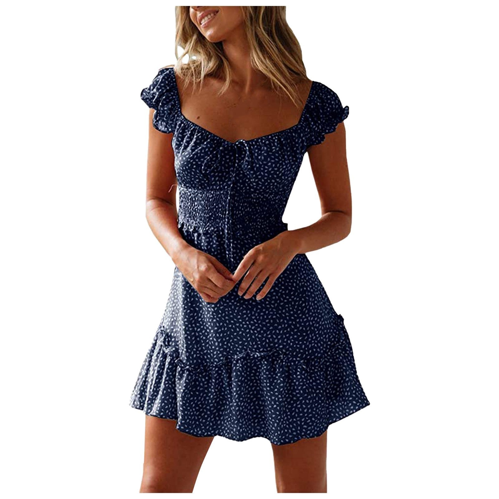 New Splicing Ruffled Floral Skirt Short-sleeved Printed U-Neck And High-Waisted Dress