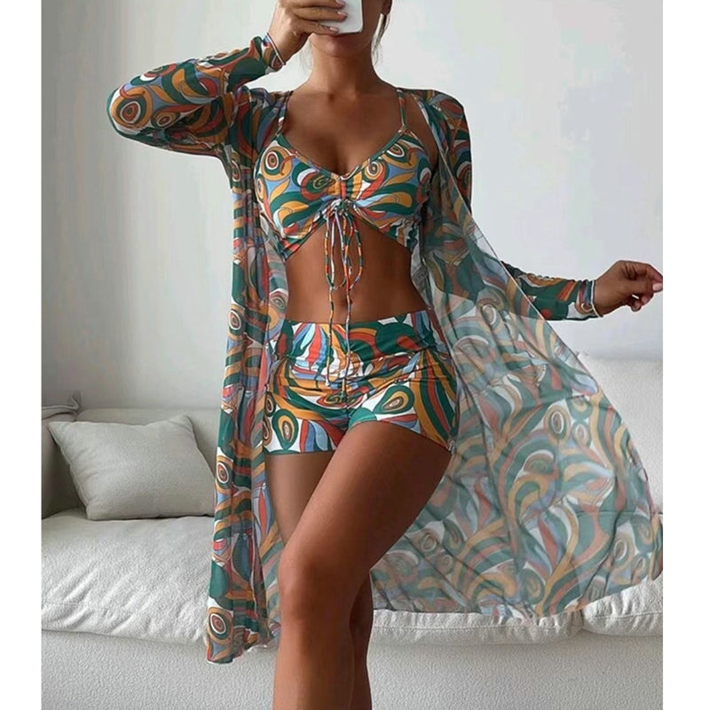 Swimsuit Female Split Three-piece Set High Waist Long Sleeve Smock Drawstring Suit - Lena