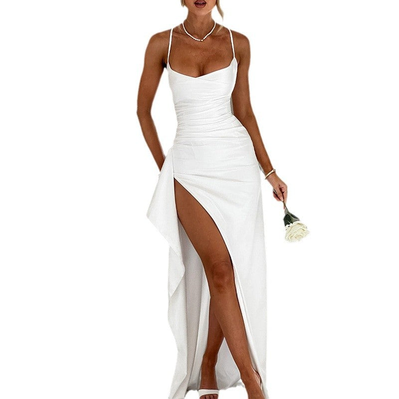 Women's Back Strap Slit Evening Dress Solid Color Sling Dress