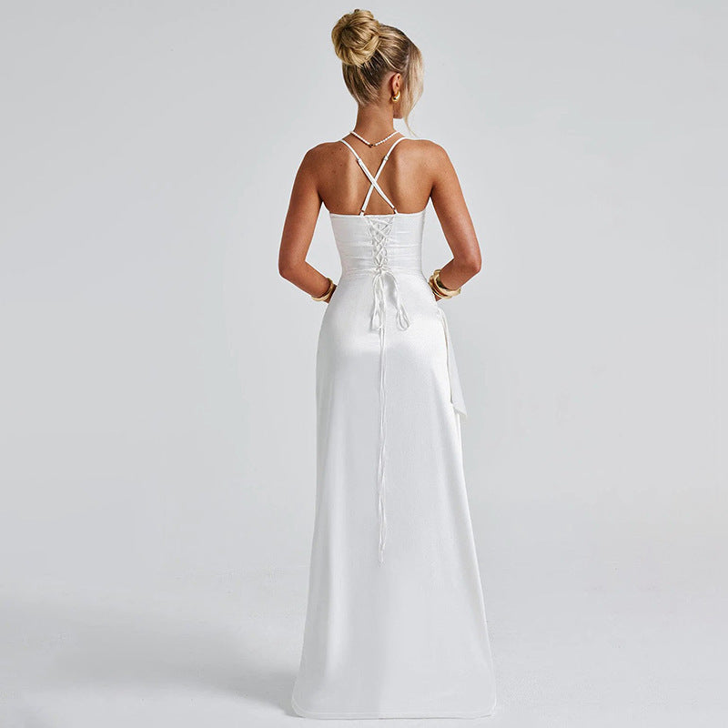 Women's Back Strap Slit Evening Dress Solid Color Sling Dress