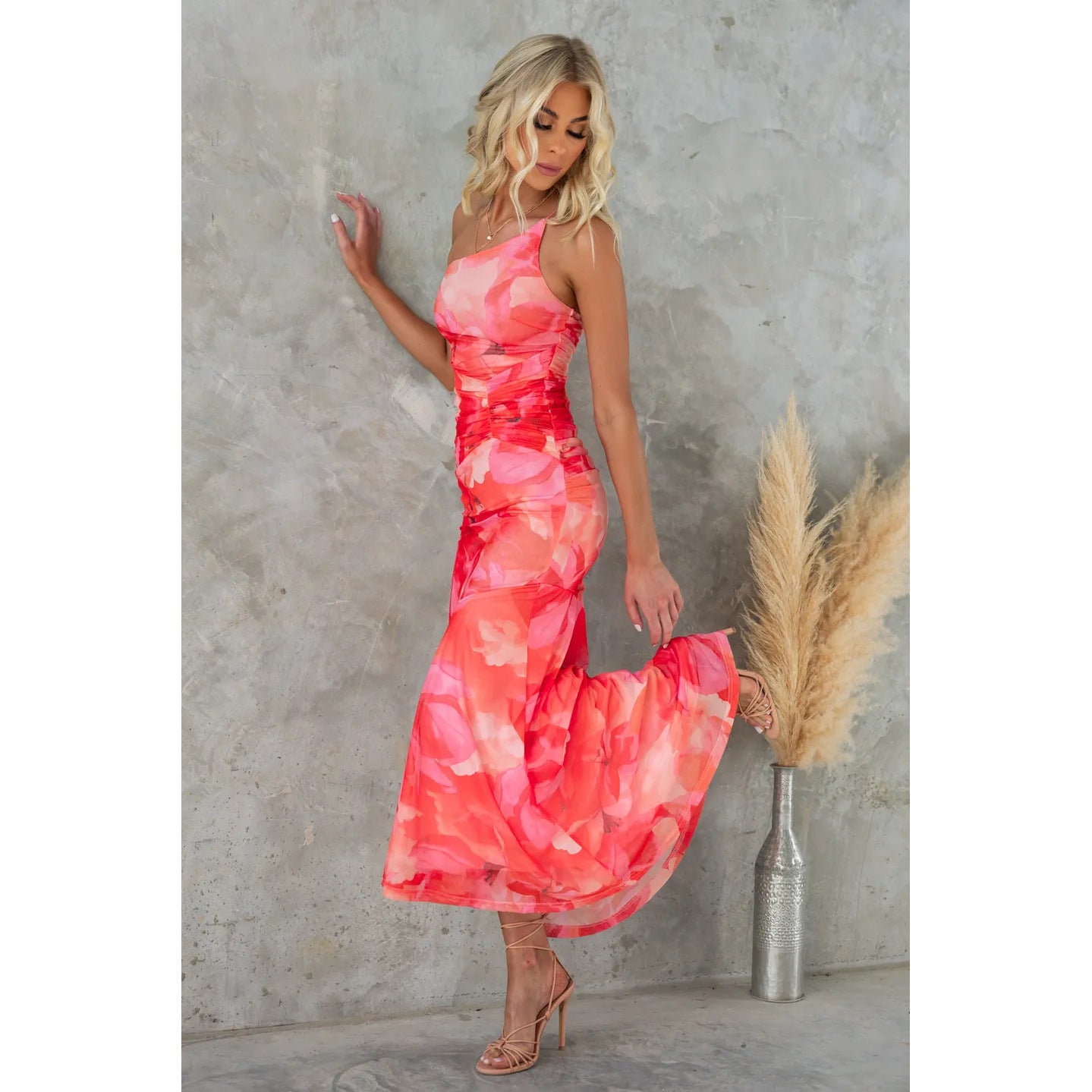 European And American Oblique Shoulder Printing Elastic Lining Dress INS Casual
