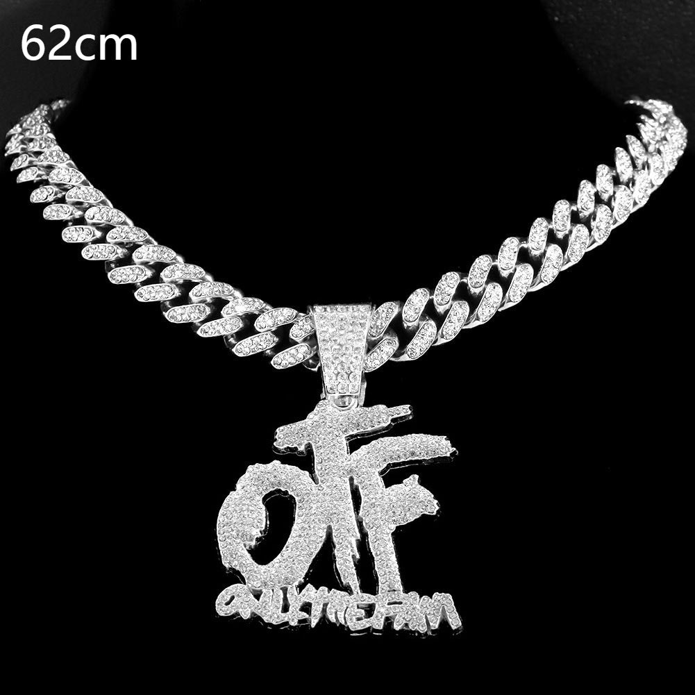 Domineering Cool Trendy Patchwork Letter Pendant Necklace Diamond-embedded Trendy Shiny OTF Pendant Cuban Necklace