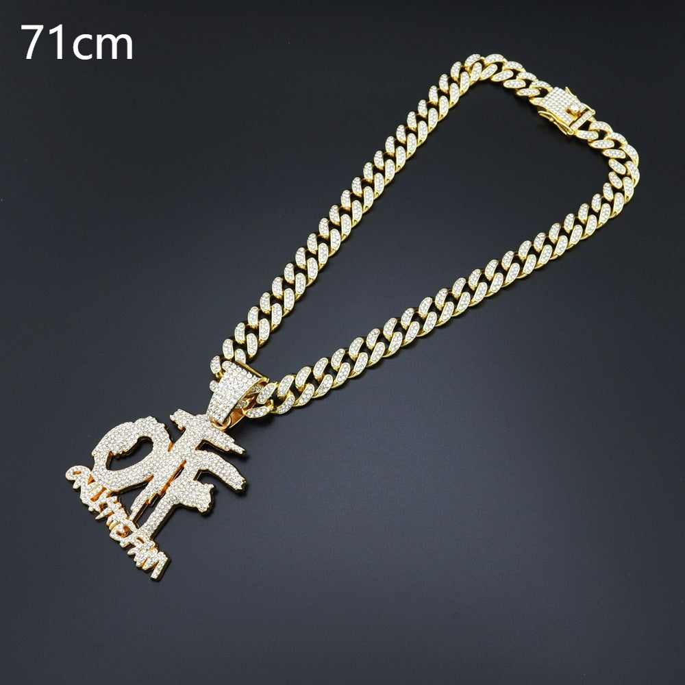 Domineering Cool Trendy Patchwork Letter Pendant Necklace Diamond-embedded Trendy Shiny OTF Pendant Cuban Necklace