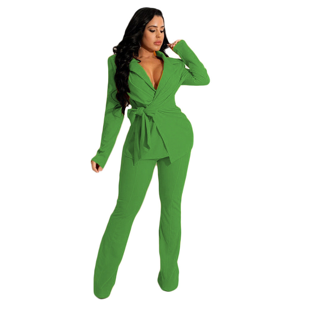 Solid Color Professional V Neck Fashion Women's Two Piece Set