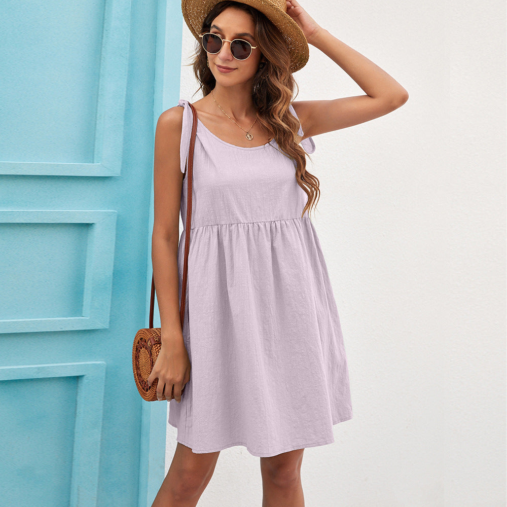 Casual Lace-up Doll Skirt Cotton And Linen Dress