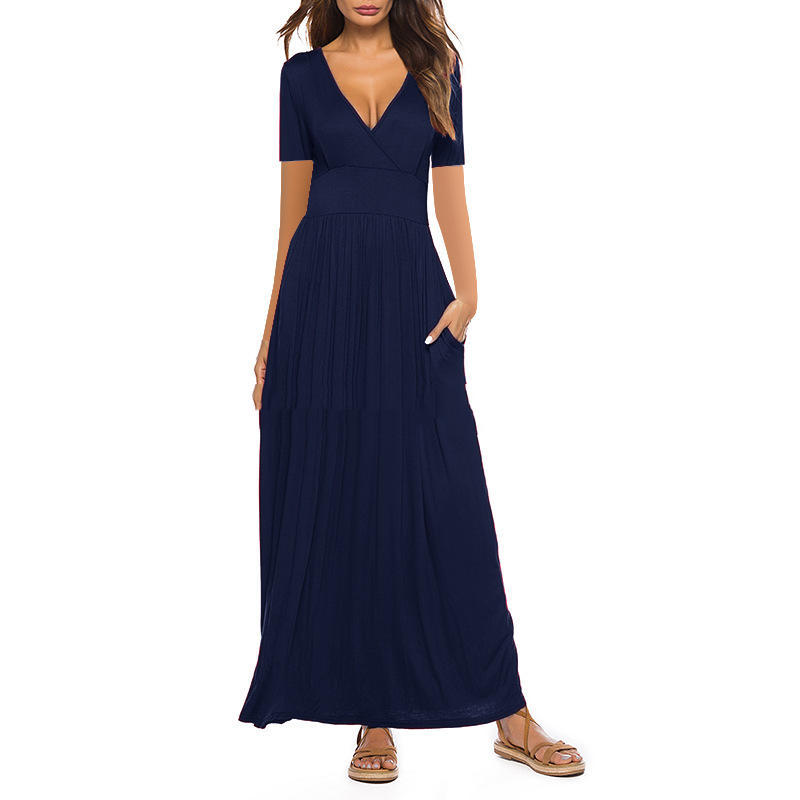 New Women's Printed V-Neck Wrap Breast Short Sleeve Pocket Dress