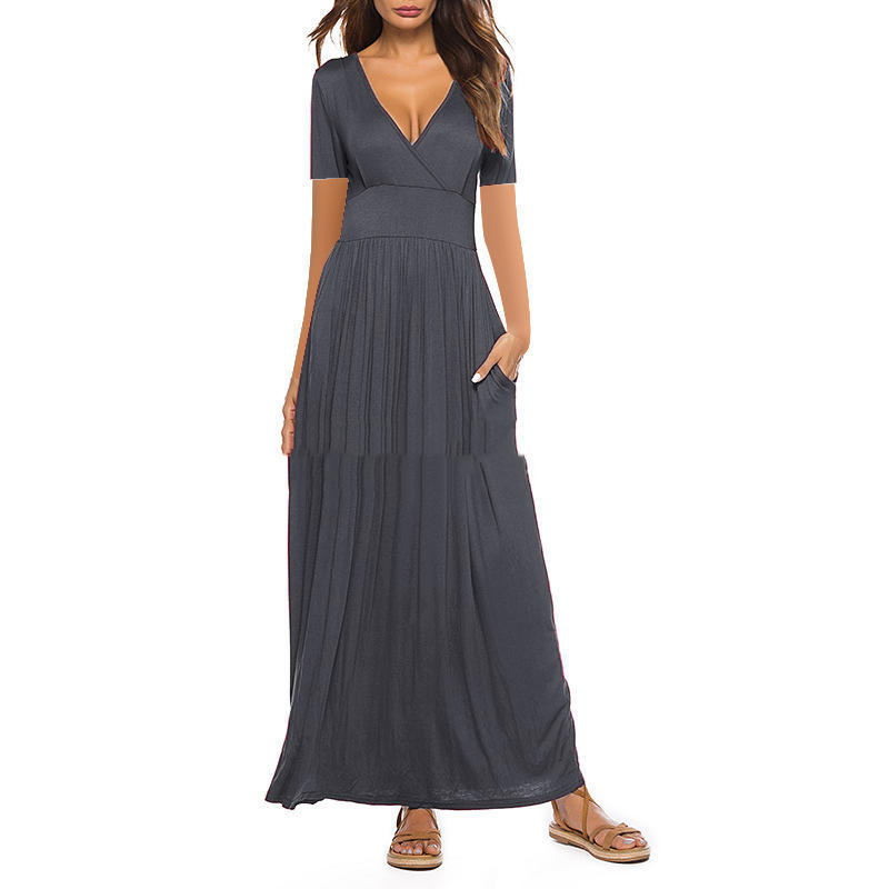 New Women's Printed V-Neck Wrap Breast Short Sleeve Pocket Dress