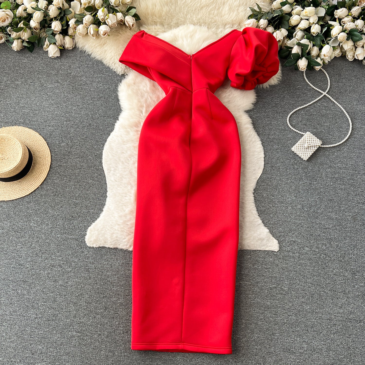 French Style Slanted Neck Bubble Sleeve High Waisted Dress